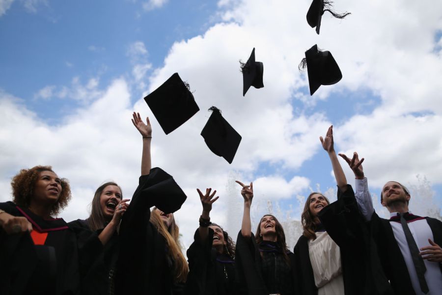 Students throwing graduation caps into the air