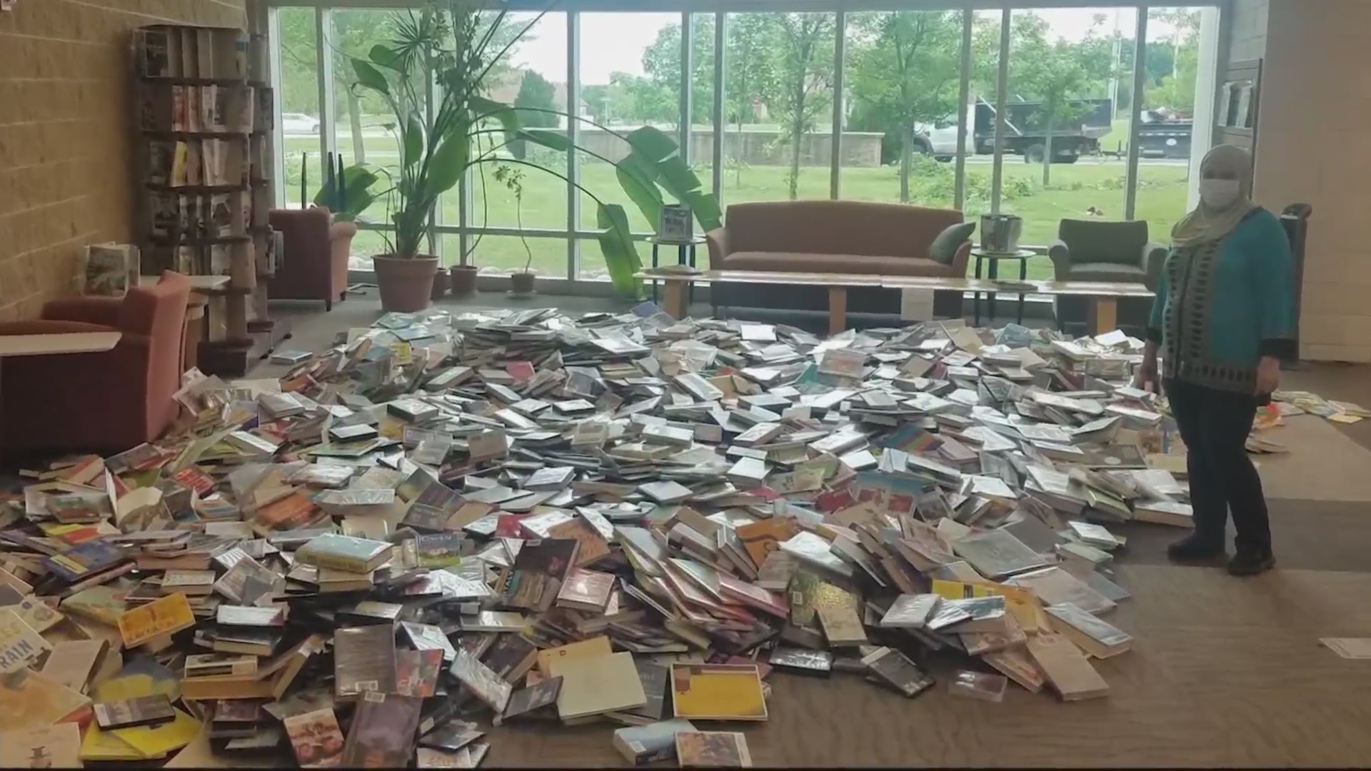 Picture of lots of library books on floor